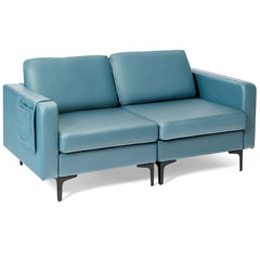 66 in Teal Leather Look Loveseat, Two Seat Modules with an Arm Pocket and 1320 lb Capacity