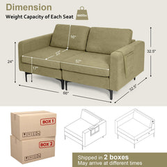 66 in Olive Green Linen Loveseat, Two Seat Modules with 22 in Deep Seats and an Arm Pocket