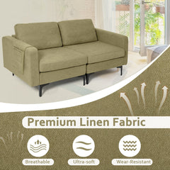 66 in Olive Green Linen Loveseat, Two Seat Modules with 22 in Deep Seats and an Arm Pocket
