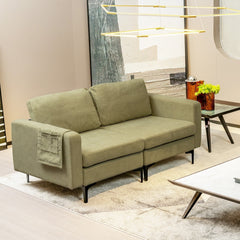 66 in Olive Green Linen Loveseat, Two Seat Modules with 22 in Deep Seats and an Arm Pocket