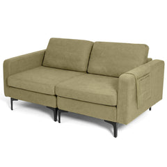 66 in Olive Green Linen Loveseat, Two Seat Modules with 22 in Deep Seats and an Arm Pocket