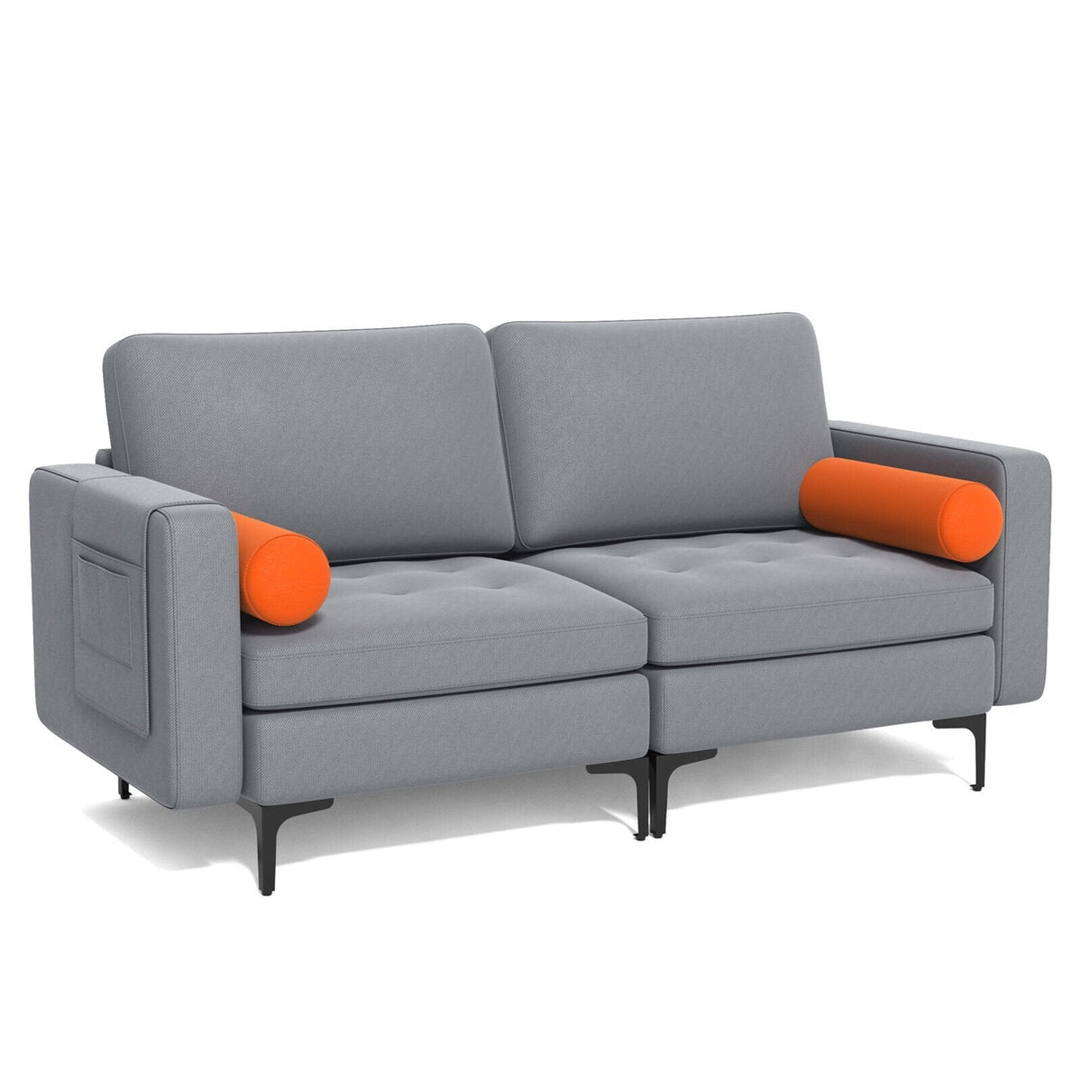 68 in Loveseat Sofa in Ash Grey with 2 Orange Bolsters, 25.5 in Deep Seat and 1320 lb Capacity
