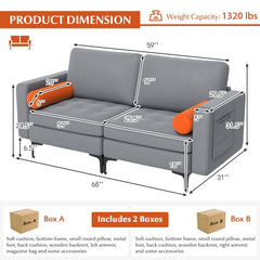 68 in Loveseat Sofa in Ash Grey with 2 Orange Bolsters, 25.5 in Deep Seat and 1320 lb Capacity