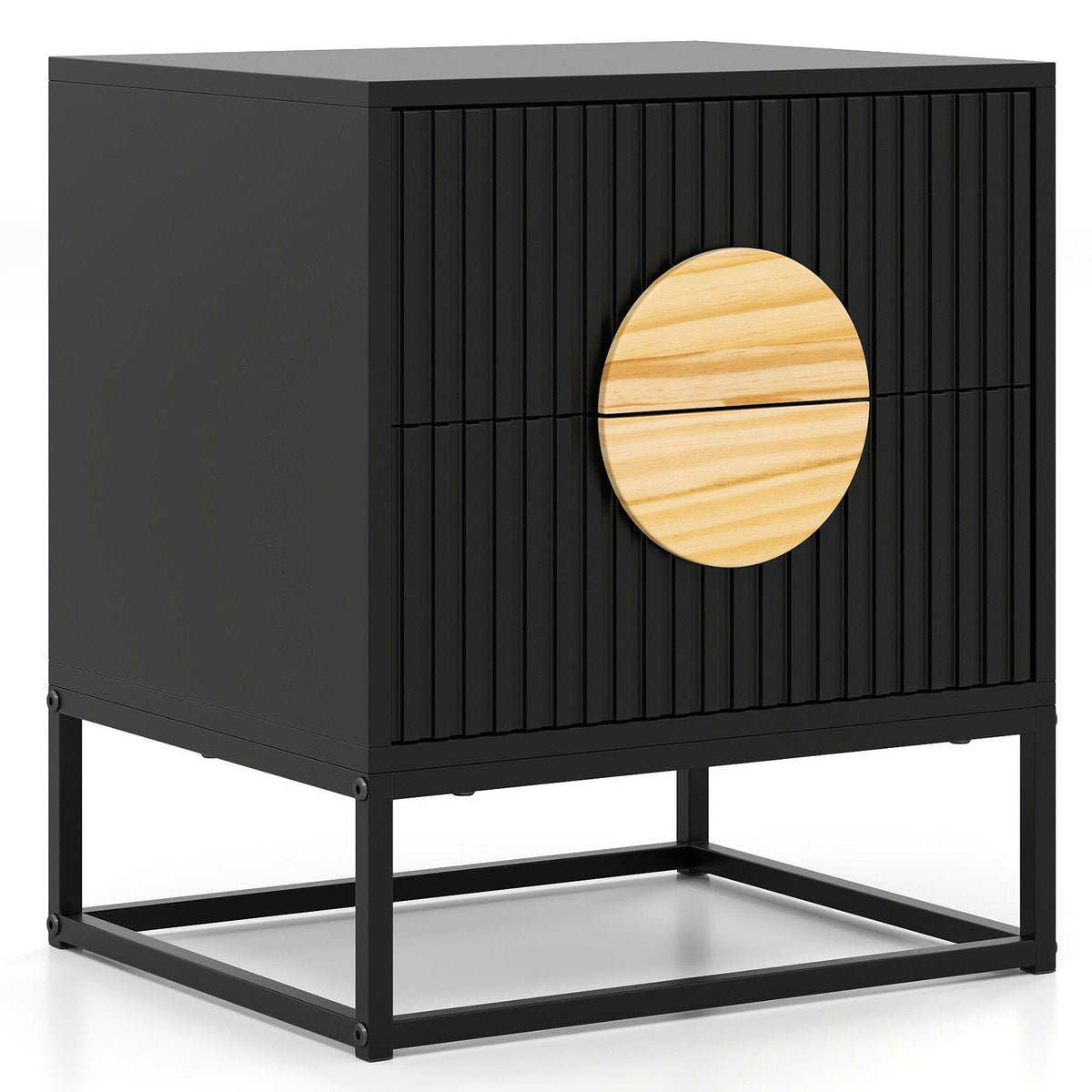 Modern Mid Century Fluted Nightstand with 2 Drawers and Pine Wood Handles for Bedroom-Black
