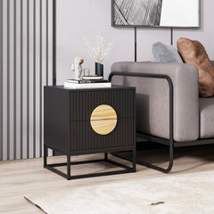 Modern Mid Century Fluted Nightstand with 2 Drawers and Pine Wood Handles for Bedroom-Black
