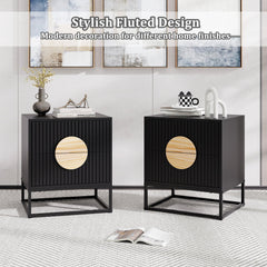 Modern Mid Century Fluted Nightstand with 2 Drawers and Pine Wood Handles for Bedroom-Black