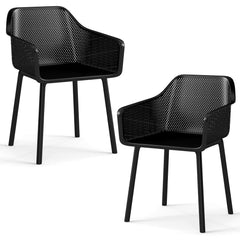 Set of 2 Black Moulded Dining Armchairs with Perforated Mesh Back and Arms