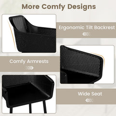 Set of 2 Black Moulded Dining Armchairs with Perforated Mesh Back and Arms
