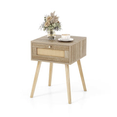 Modern Rattan Nightstand with Drawer and Solid Wood Legs, Natural