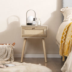 Modern Rattan Nightstand with Drawer and Solid Wood Legs, Natural