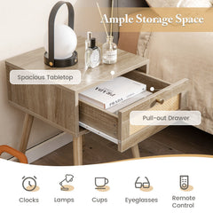 Modern Rattan Nightstand with Drawer and Solid Wood Legs, Natural