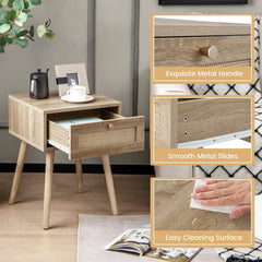 Modern Rattan Nightstand with Drawer and Solid Wood Legs, Natural