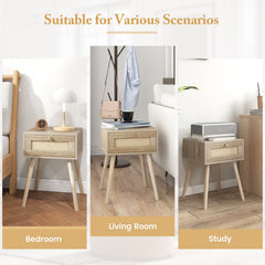 Modern Rattan Nightstand with Drawer and Solid Wood Legs, Natural