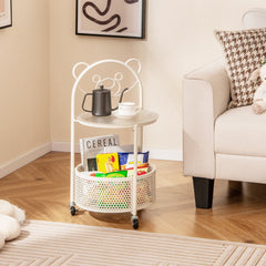 Sofa Side Table on Lockable Wheels with Glass Top and Bear Frame, White