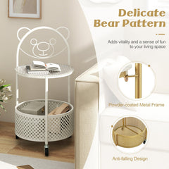 Sofa Side Table on Lockable Wheels with Glass Top and Bear Frame, White