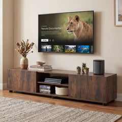 Modern TV Stand for up to 70 inches TVs Minimalist Entertainment Center with 2 Doors and Open Shelves-Rustic Brown