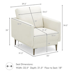 Ivory Accent Chair with S Shaped Springs, 5 in Seat Pad and Removable Backrest Cushion, 300 lb