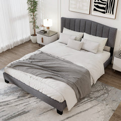 Queen Upholstered Platform Bed with 2 Height Channel Tufted Headboard and 12 LVL Slats