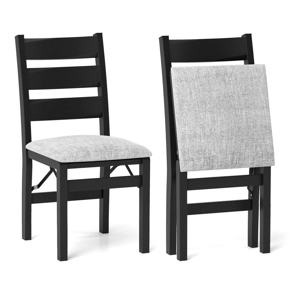 Set of 2 Folding Ladder Back Dining Chairs, Black Rubber Wood with Grey Linen Padded Seat