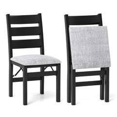 Set of 2 Folding Ladder Back Dining Chairs, Black Rubber Wood with Grey Linen Padded Seat