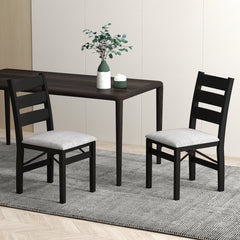 Set of 2 Folding Ladder Back Dining Chairs, Black Rubber Wood with Grey Linen Padded Seat
