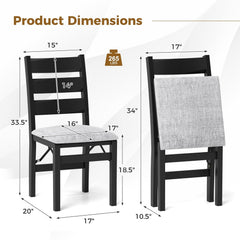 Set of 2 Folding Ladder Back Dining Chairs, Black Rubber Wood with Grey Linen Padded Seat