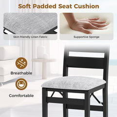 Set of 2 Folding Ladder Back Dining Chairs, Black Rubber Wood with Grey Linen Padded Seat