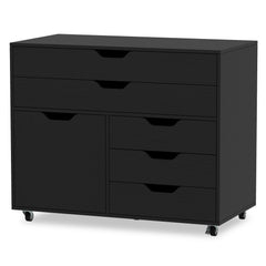 Modern Vertical 5-Drawer Mobile Chest with Door 5 Casters-Black