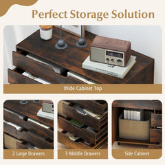 Modern Vertical 5-Drawer Mobile Chest with Door 5 Casters-Brown