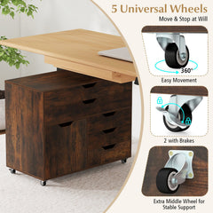 Modern Vertical 5-Drawer Mobile Chest with Door 5 Casters-Brown