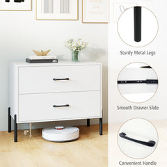 Modern Wooden 2-Drawer Nightstand with Metal Legs and Handles-White
