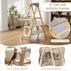 Foldable Pine Cat Ladder Tree 54.5 Inches with Five Felt Lined Steps