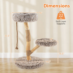 35.5 Inch Pear Wood Cat Tree with a 16 Inch Round Bed and Jute Rope