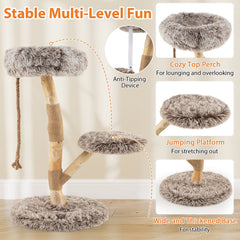 35.5 Inch Pear Wood Cat Tree with a 16 Inch Round Bed and Jute Rope