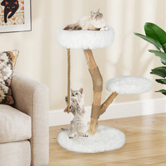 White Cat Tree 35.5 Inches on a Pear Wood Trunk with Two Round Beds