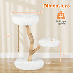 White Cat Tree 35.5 Inches on a Pear Wood Trunk with Two Round Beds