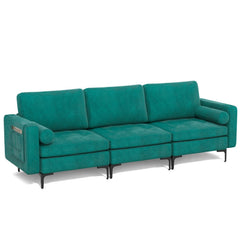 3 Seat Modular Sofa in Peacock Blue Suede, 97 in Wide with 25.5 in Deep Seats and Arm Caddy