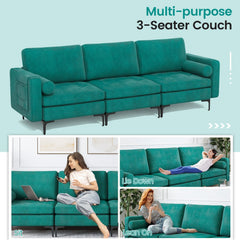 3 Seat Modular Sofa in Peacock Blue Suede, 97 in Wide with 25.5 in Deep Seats and Arm Caddy