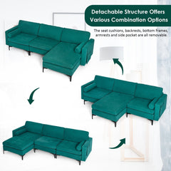 97 in L Shaped 3 Seat Sectional in Teal Suede with a 46.5 in Chaise That Moves Left or Right