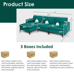 97 in L Shaped 3 Seat Sectional in Teal Suede with a 46.5 in Chaise That Moves Left or Right