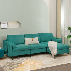 97 in L Shaped 3 Seat Sectional in Teal Suede with a 46.5 in Chaise That Moves Left or Right
