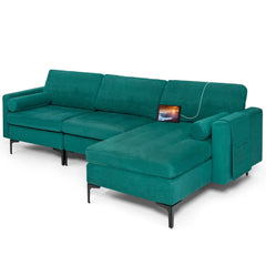 97 in L Shaped 3 Seat Sectional in Teal Suede with a 46.5 in Chaise That Moves Left or Right