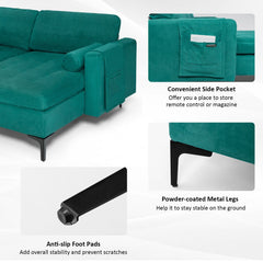 97 in L Shaped 3 Seat Sectional in Teal Suede with a 46.5 in Chaise That Moves Left or Right