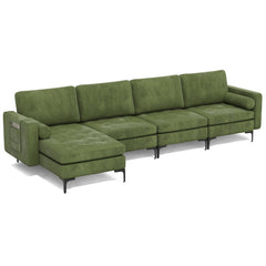 127 in L Shaped 4 Seat Sectional in Army Green Suede with a 46.5 in Chaise and Built In Socket
