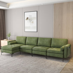 127 in L Shaped 4 Seat Sectional in Army Green Suede with a 46.5 in Chaise and Built In Socket