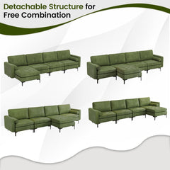 127 in L Shaped 4 Seat Sectional in Army Green Suede with a 46.5 in Chaise and Built In Socket