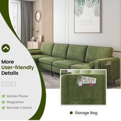 127 in L Shaped 4 Seat Sectional in Army Green Suede with a 46.5 in Chaise and Built In Socket