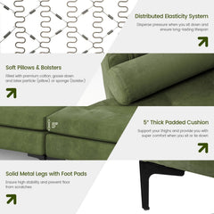 127 in L Shaped 4 Seat Sectional in Army Green Suede with a 46.5 in Chaise and Built In Socket