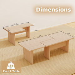 Modular Coffee Table Set of 2 L Shaped Center Tables for Small Space-Oak