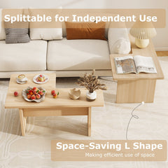 Modular Coffee Table Set of 2 L Shaped Center Tables for Small Space-Oak